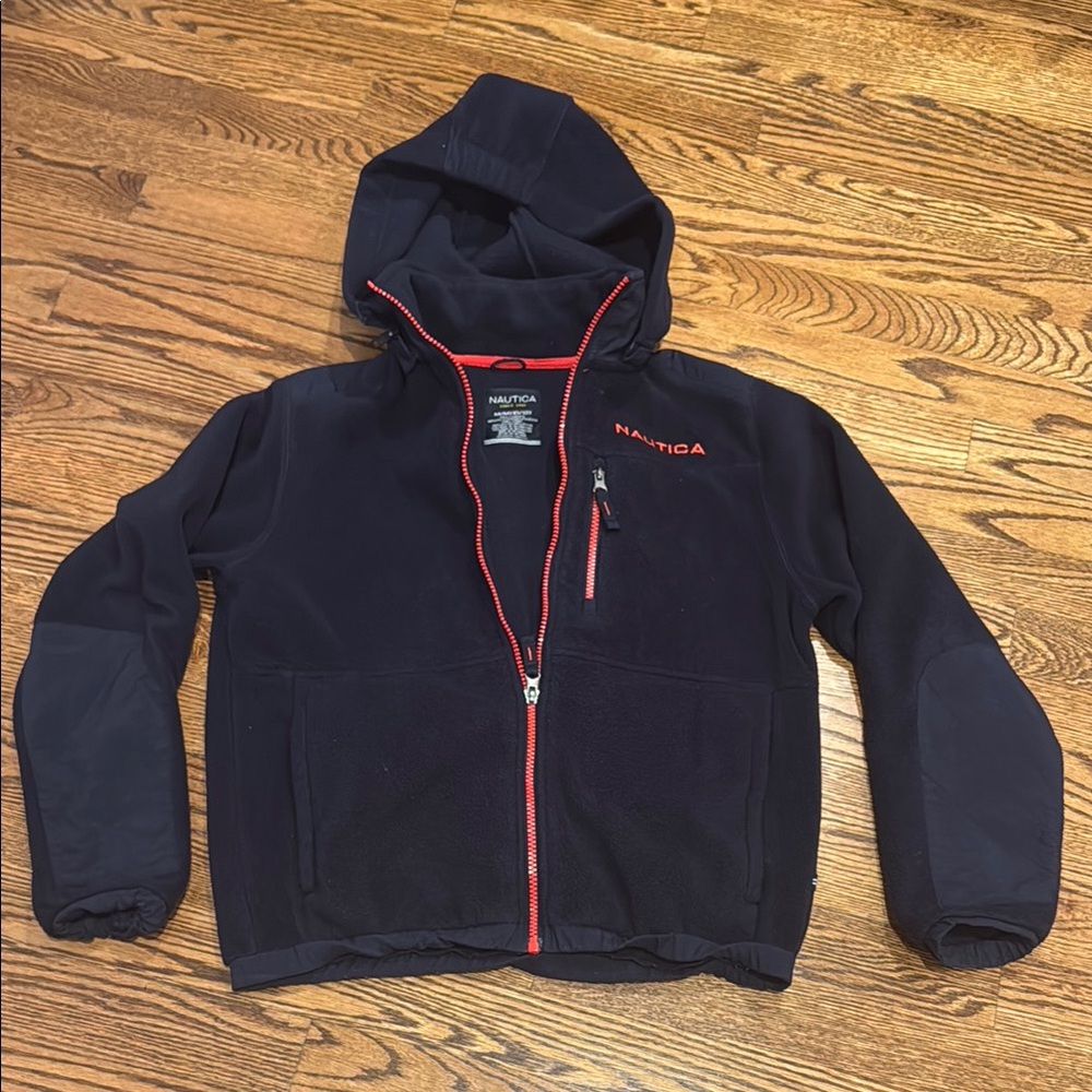 Nautica navy blue fleece with Hood and Red Zipper